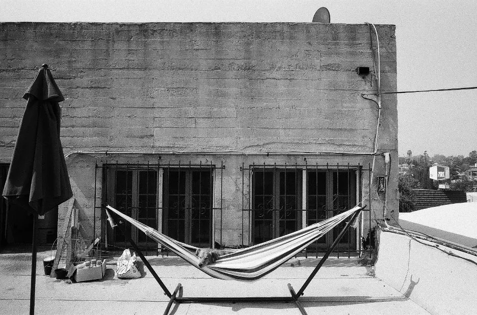 Black and white image of hammock.