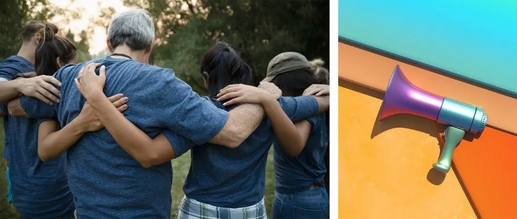 Left image is a group of people in a half circle with their arms around eachother. Right image is a colorful megaphone layer on a colorful background. 