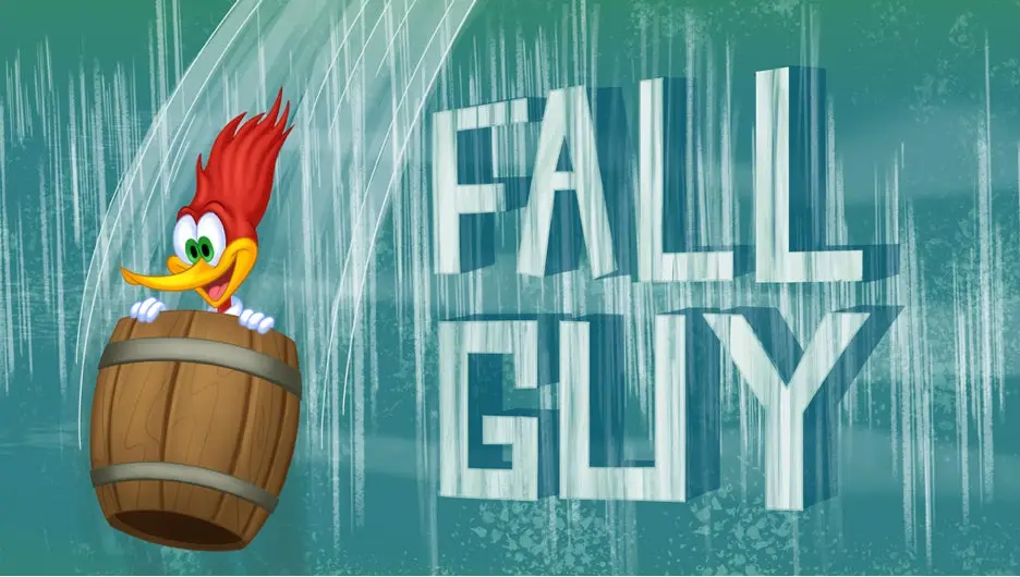 Woody Woodpecker sitting and falling in a barrel with the text Fall Guy.