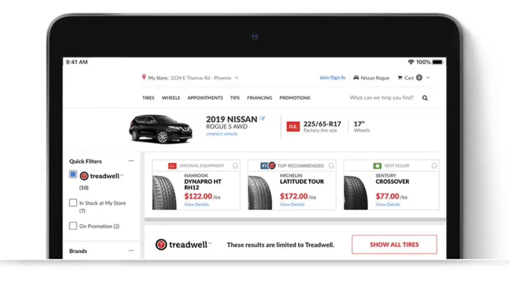 A mobil device showing Discount Tire Co. website.