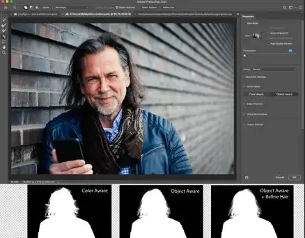 Photo of a screenshot of Photoshop using the Refine Hair tool.