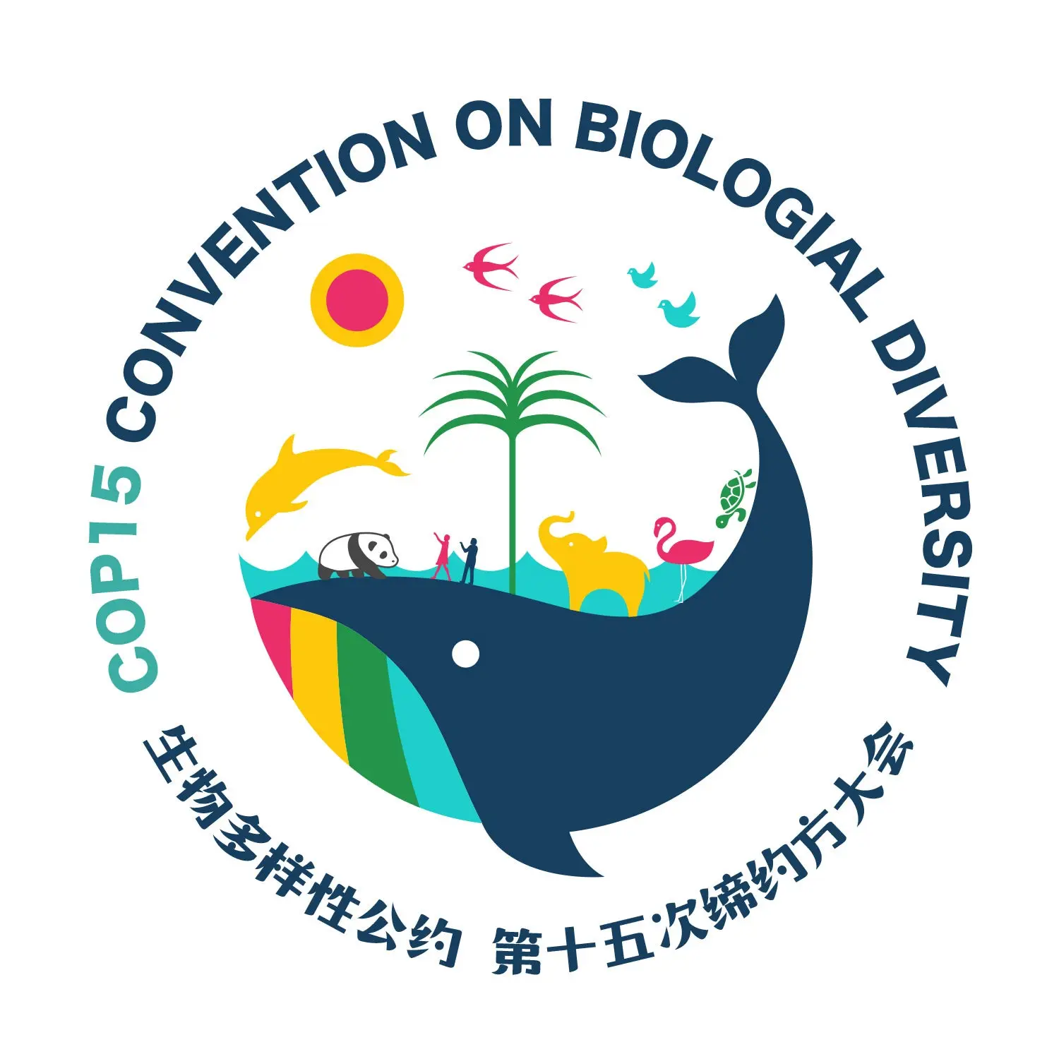 Logo with a whale with different animals on top of it for the United Nation Convention on Biologivacl Diversity. 
