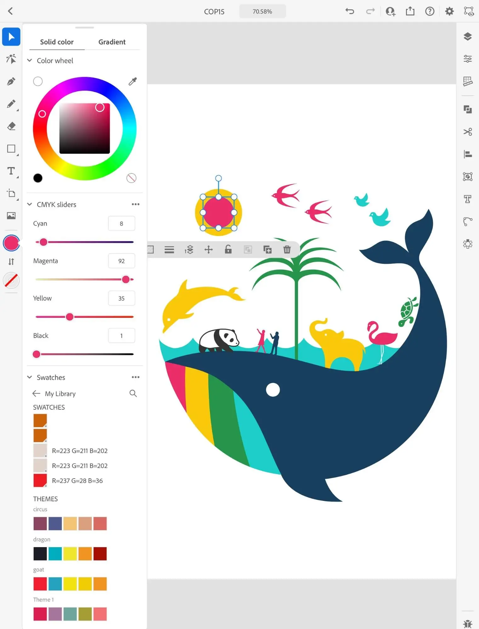 Ilustration of colorful whale with animals on top of it.