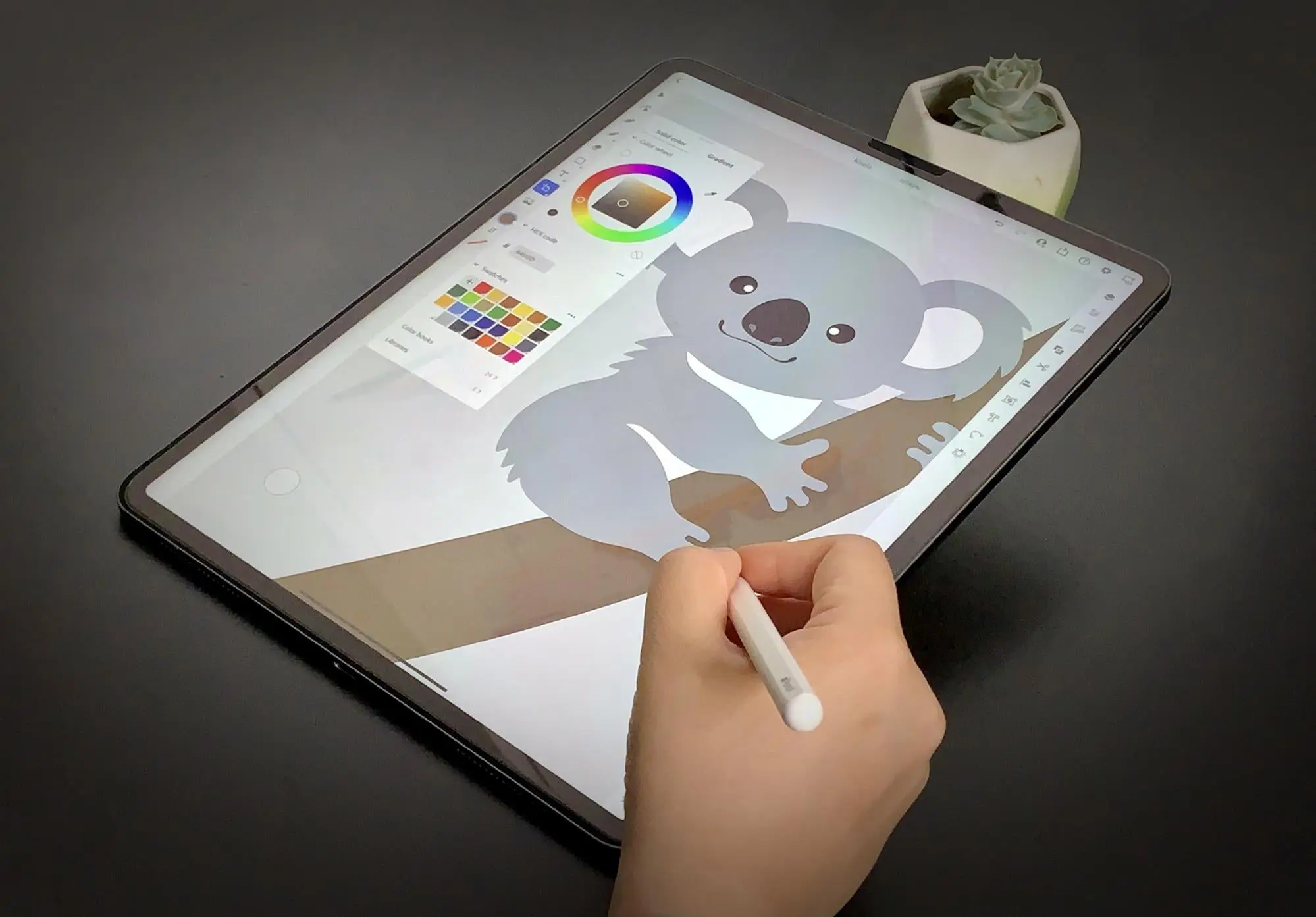 Drawing of a koala on the ipad. 