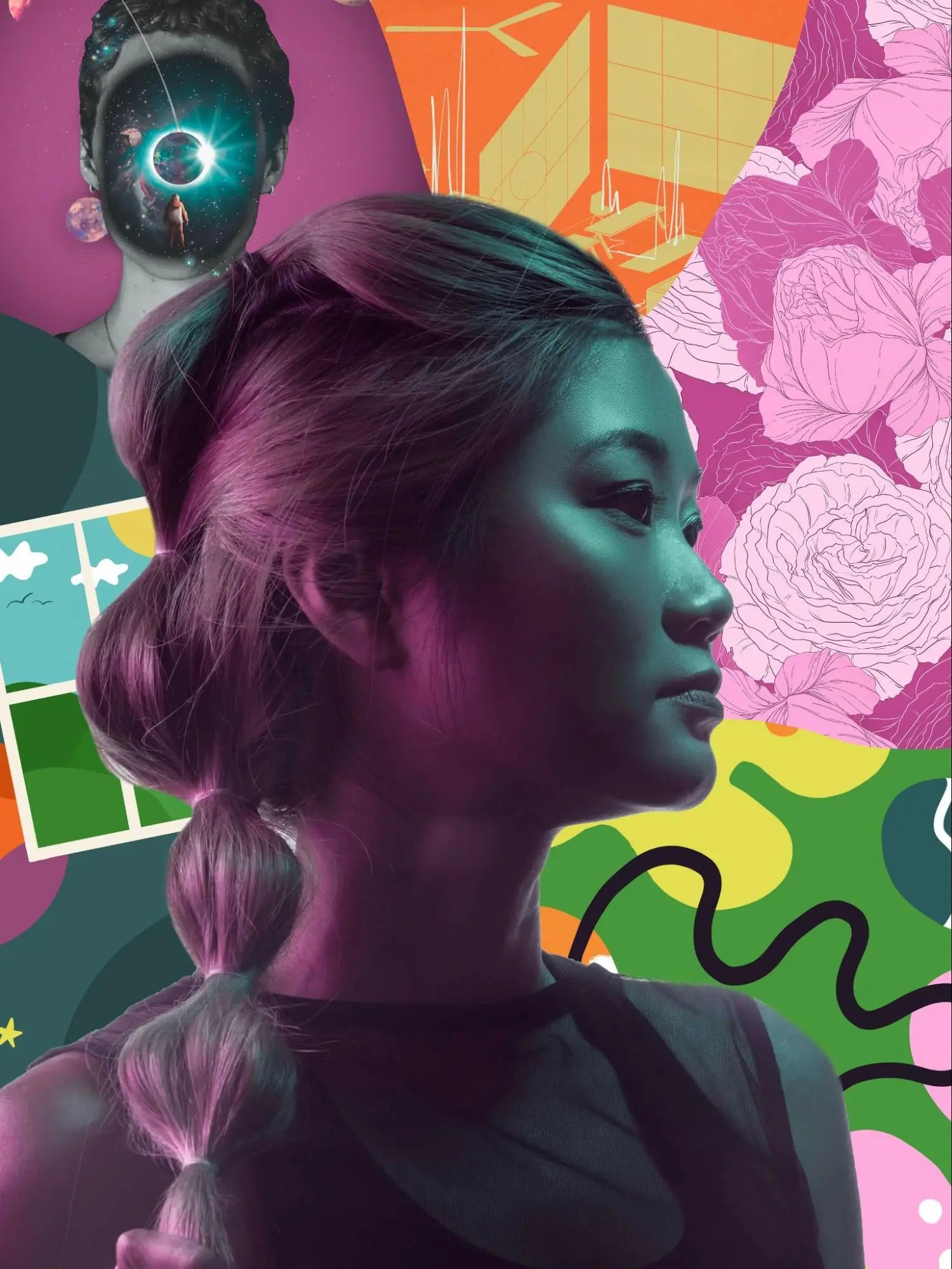 Poster of girl looking into the distance with abstract art around her. 