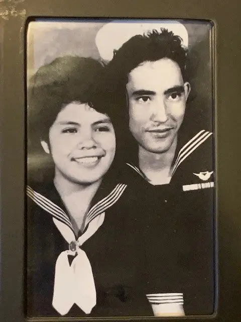 Antonio’s grandparents, Pelegrino (Pete) and Paula Sanchez, just before Pete shipped off to WWII. Paula dressed in a Navy outfit to show her support for her husband. 