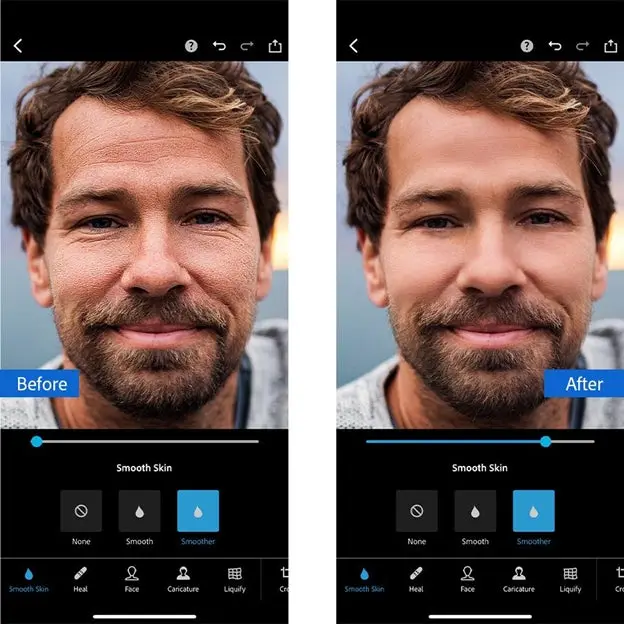 [left] before image: smiling man with lines on his face; [right] after image: smiling man with smoothed skin