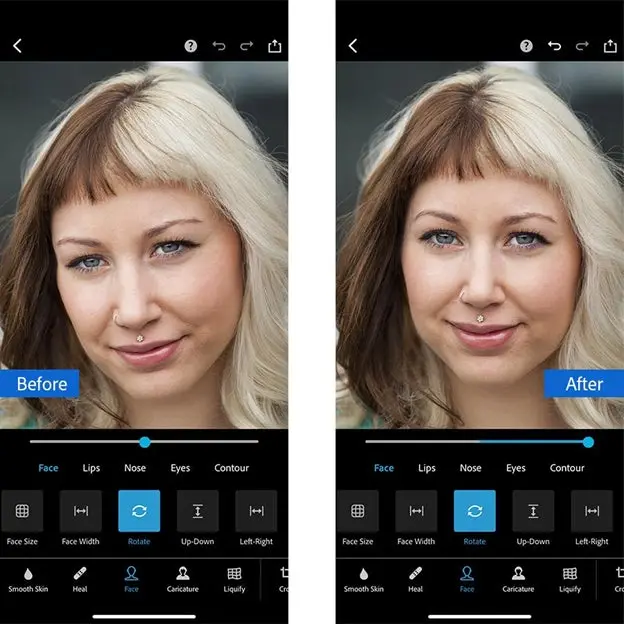 [left] before image: woman smiling with tilted head; [right] after image: woman smiling looking straight forward
