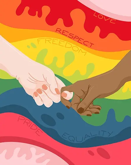 Andrea Vollgas illustration of two hands holding on colorful background, that says 'freedome, equality, pride'