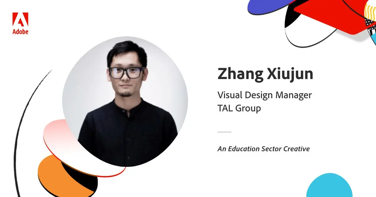 Customer profile card with text: "Zhang Xiujun, Visual Design Manager, TAL Group. An Education sector creative. 
